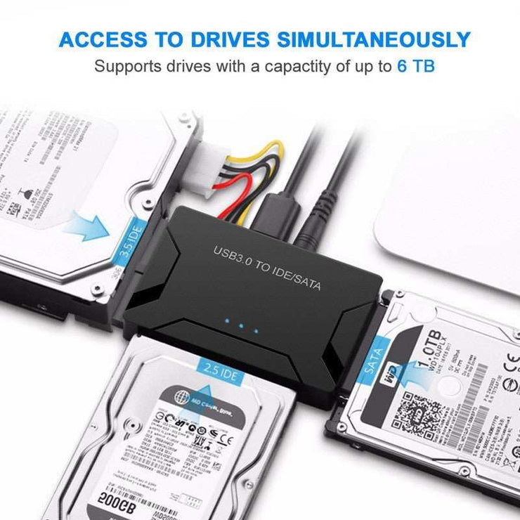 USB to IDE/SATA adapter connects multiple hard drives simultaneously, supports up to 6TB.