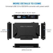 Universal USB 3.0 to IDE/SATA adapter with power switch and multiple interface compatibility.