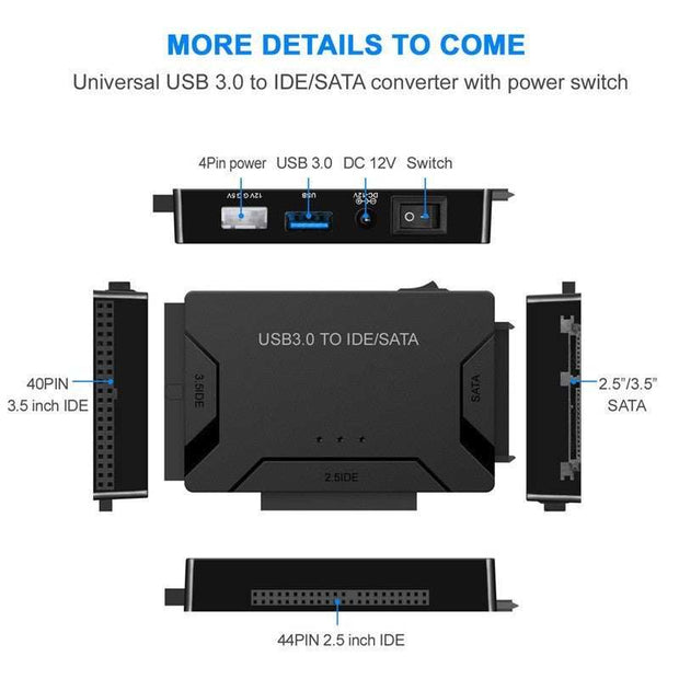 Universal USB 3.0 to IDE/SATA adapter with power switch and multiple interface compatibility.