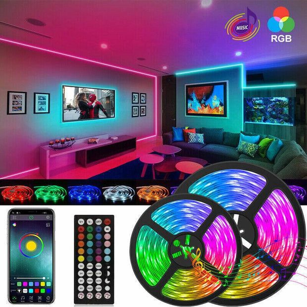 5050 RGB LED Strip with Bluetooth remote and app control in a colorful living room setup.