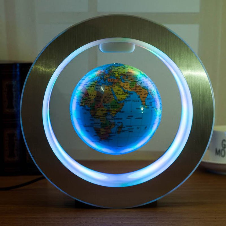 Round LED floating globe with magnetic levitation and anti-gravity light effect.