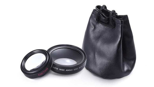 Universal HD phone lens combo with 0.45X wide angle and macro lens, includes protective covers and storage bag.