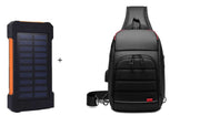 Universal ultra-thin solar charger with black chest bag for mobile phones and camping use.