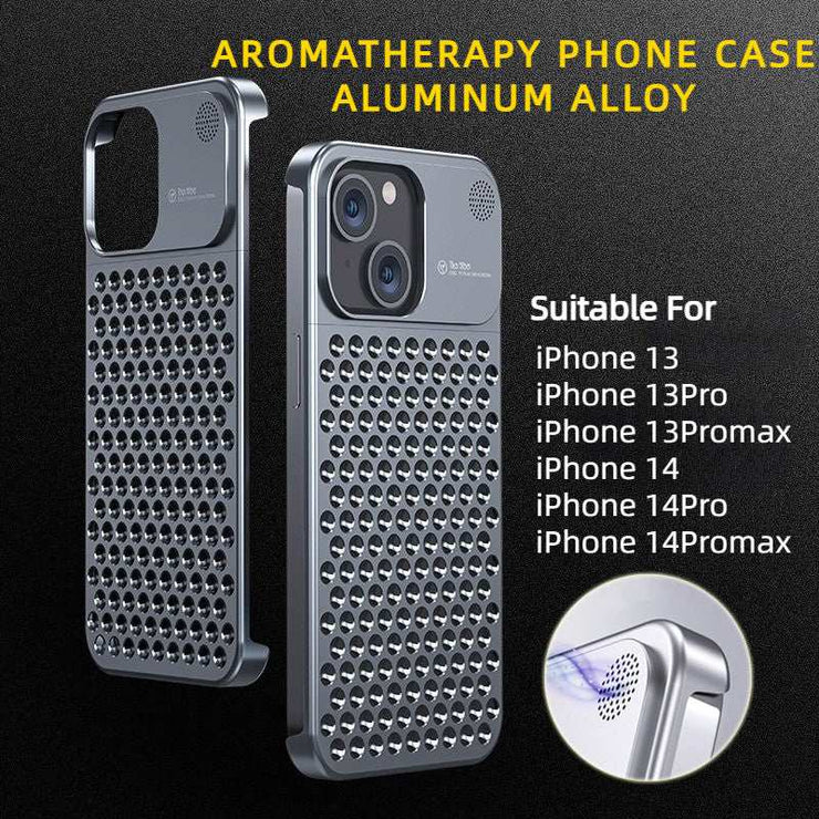 Aluminum alloy shockproof phone case with aromatherapy, suitable for iPhone 14/13 Pro Max, featuring hollow heat dissipation design.