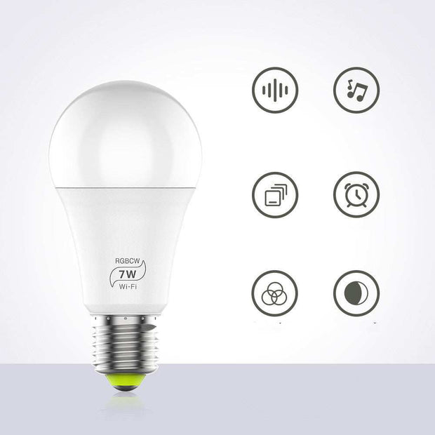 LED smart wifi bulb with 7W power, RGB color, voice control, music sync, and remote app control