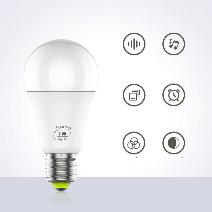 LED smart wifi bulb with 7W power, RGB color, voice control, music sync, and remote app control