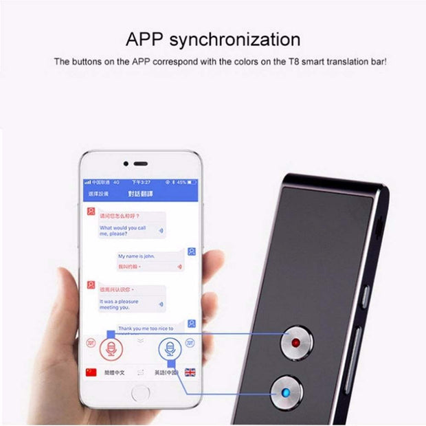 Translator tool with app synchronization feature, showing mobile app interface and device buttons.