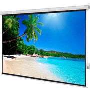 100" motorized projection roll up screen displaying a beach scene.