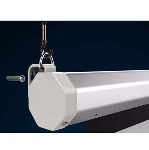 Motorized projection roll up screen mount and casing in white.