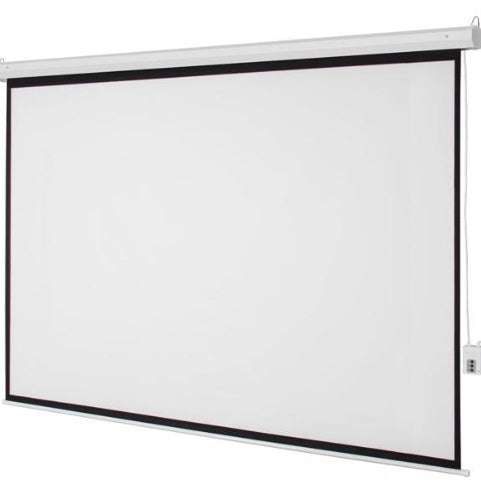 Motorized Projection Roll Up Screen, 100-inch, matte white surface, remote control included, ideal for home theaters and presentations.