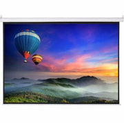 Motorized projection roll up screen displaying colorful hot air balloon scene.