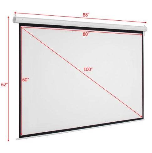 Motorized projection screen with 100" diagonal and 4:3 aspect ratio, featuring matte white surface and black masking borders for enhanced contrast.