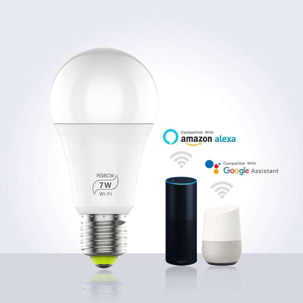 LED smart WiFi bulb with 7W power, RGB color options, compatible with Amazon Alexa and Google Assistant voice control