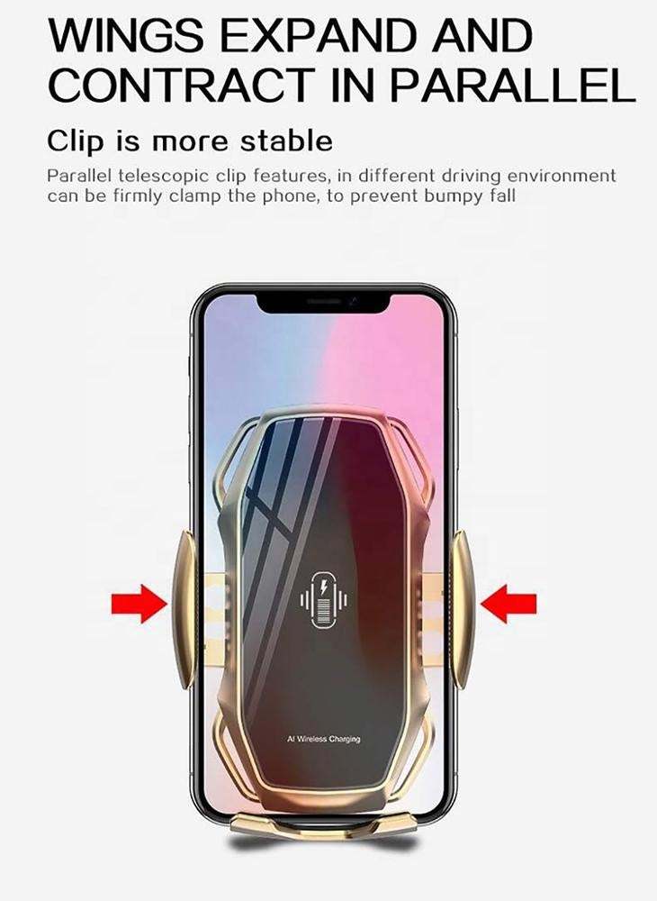 10W Wireless Car Smart Phone Charger with expandable clip design.
