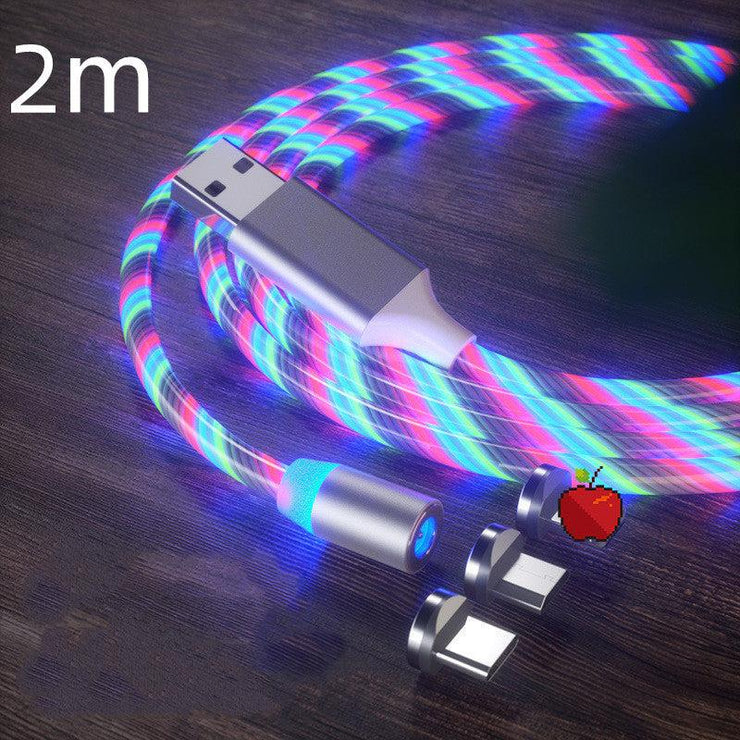 Magnetic LED fast charging cable with colorful braided design, compatible with Type-C, Micro USB, and Lightning connections, 2-meter length.