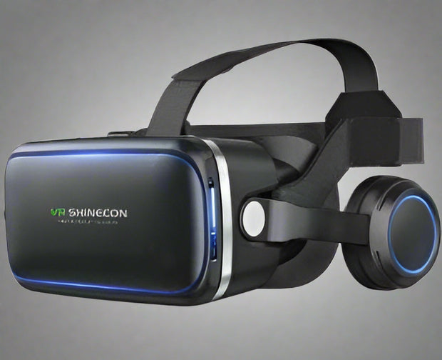 VR Shinecon Gafas De Realidad Virtual 120 FOV 3D headset with integrated headphones.