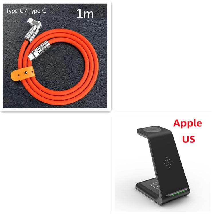 Wireless charging station with Type-C cable, compatible with multiple devices including Apple products.