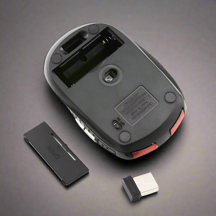 Bottom view of a wireless office mouse with USB receiver.