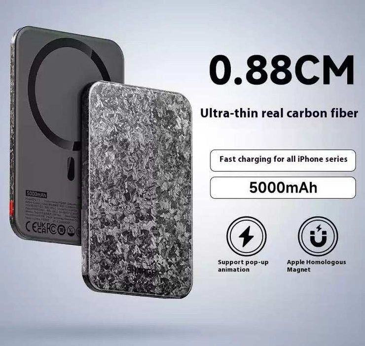 15W Magnetic Power Bank Wireless Carbon Fiber Magsafe Mobile, ultra-thin design, fast charging 5000mAh.