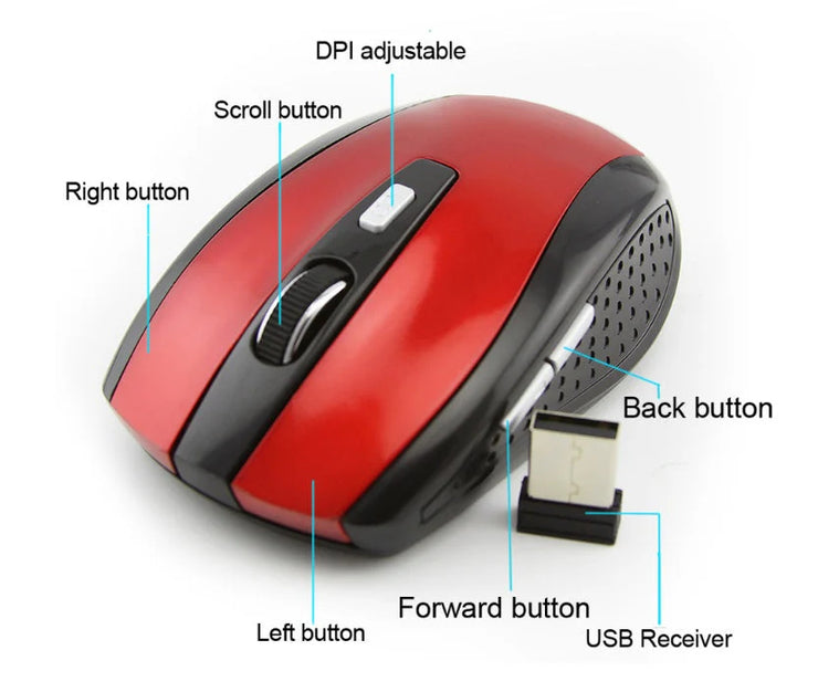 Wireless office mouse with red and black design, adjustable DPI, USB receiver, and multiple buttons including scroll, forward, back, right, and left.