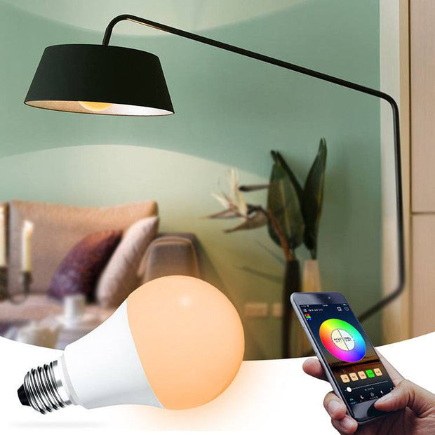LED Smart Wifi Bulb with remote app control and adjustable color temperature in modern living room setting