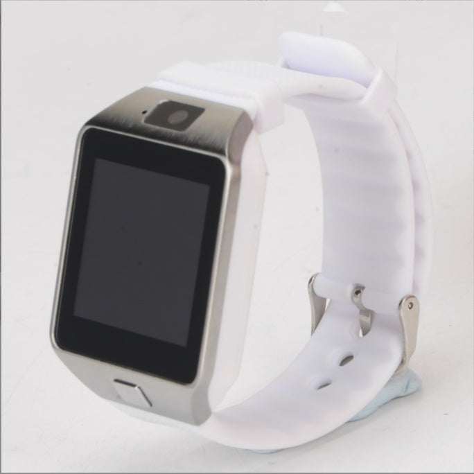 Sports Smart Watch DZ09 Card Phone Watch with white wristband, touchscreen display, and stainless steel frame.