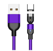 USB Type C magnetic charging cable with 360-degree rotation and purple nylon braid.