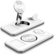 Folding magnetic wireless charger in white, shown as a desktop bracket with Type-C input port.