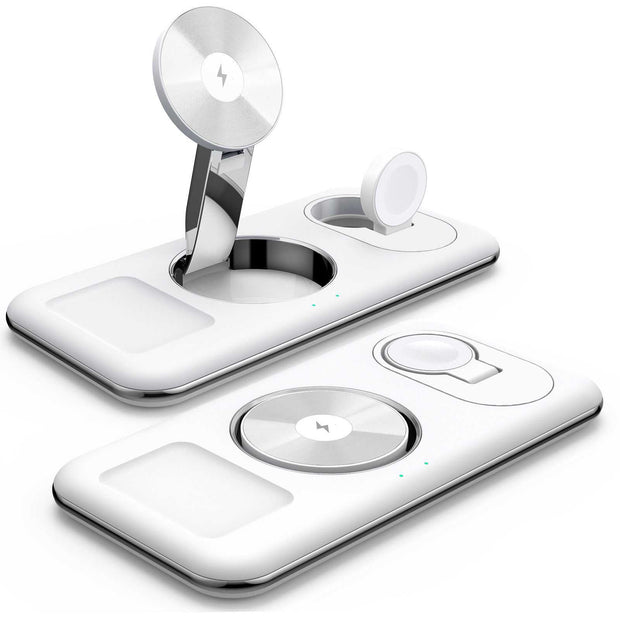 Folding magnetic wireless charger in white, shown as a desktop bracket with Type-C input port.