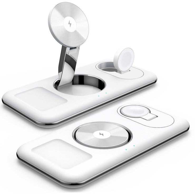 Folding magnetic wireless charger in white, shown as a desktop bracket with Type-C input port.