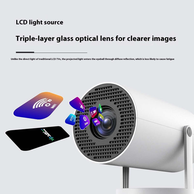 Small straight projector with 180-degree rotation, automatic focus, and LCD light source for clear images.