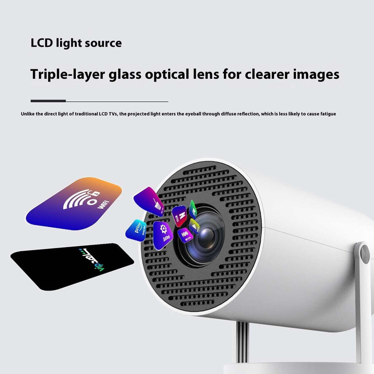 Small straight projector with 180-degree rotation, automatic focus, and LCD light source for clear images.