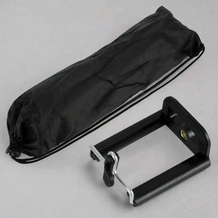 Professional camera tripod holder with nylon carry bag and universal mount.