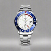 Silver stainless steel men's GMT watch with luminous white dial, blue bezel, sapphire glass, and 20ATM waterproof rating