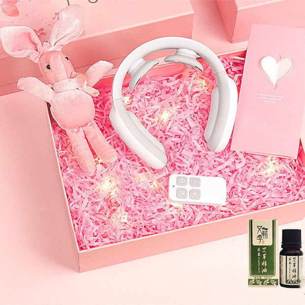 Multifunctional neck massager with remote control in pink gift box.