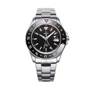 GMT luminous waterproof men's stainless steel watch with black dial and sapphire glass