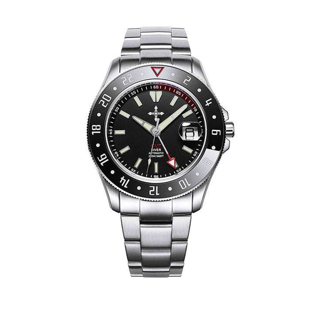 GMT luminous waterproof men's stainless steel watch with black dial and sapphire glass
