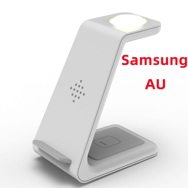 3 in 1 fast charging station wireless charger stand for phones, watches, and earbuds in white.