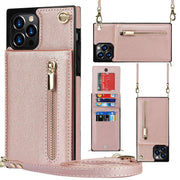 Rose gold zipper phone case crossbody with card slots for Samsung models.