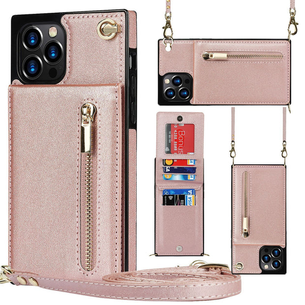 Rose gold zipper phone case crossbody with card slots for Samsung models.