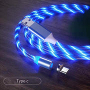 Magnetic LED fast charging cable with Type-C connector, glowing blue light.