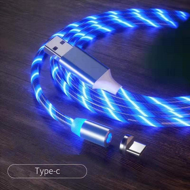 Magnetic LED fast charging cable with Type-C connector, glowing blue light.