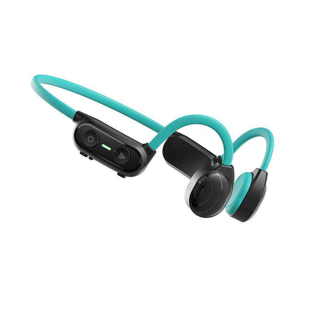 Personal bone conduction Bluetooth headset with teal band, supports Bluetooth 5.0, lightweight, and waterproof design.