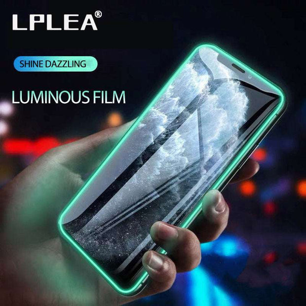 Luminous full cover tempered glass for smartphone glowing in dark.