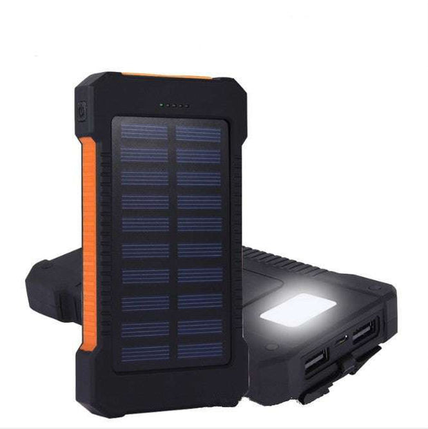 Ultra-thin solar charger with camping lights and dual USB ports.