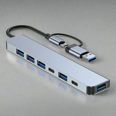 7 in 1 Type C Hub aluminum USB docking station with seven ports for keyboards and PC.