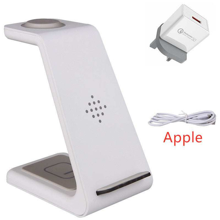 3 in 1 fast charging station for phone, watch, and earbuds, compatible with Apple and Samsung devices.