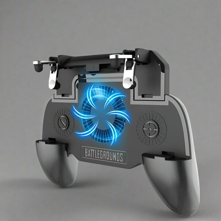 Gaming controller with fan and power bank for mobile phones.