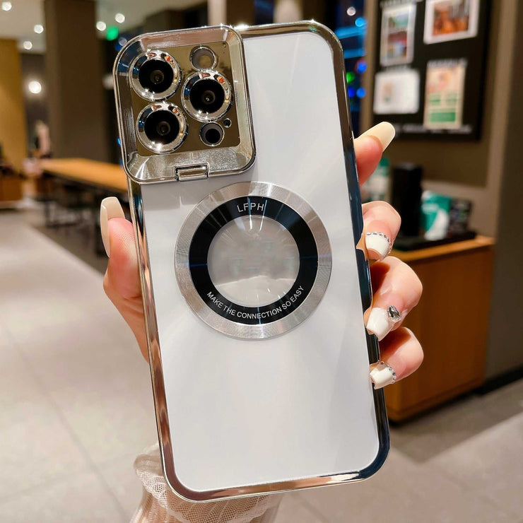 Luxury electroplated phone case with CD pattern, MagSafe bracket, and invisible camera stand for iPhone models.