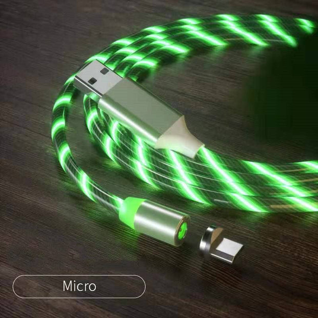 Magnetic LED fast charging cable with green glowing light, Micro USB connector.